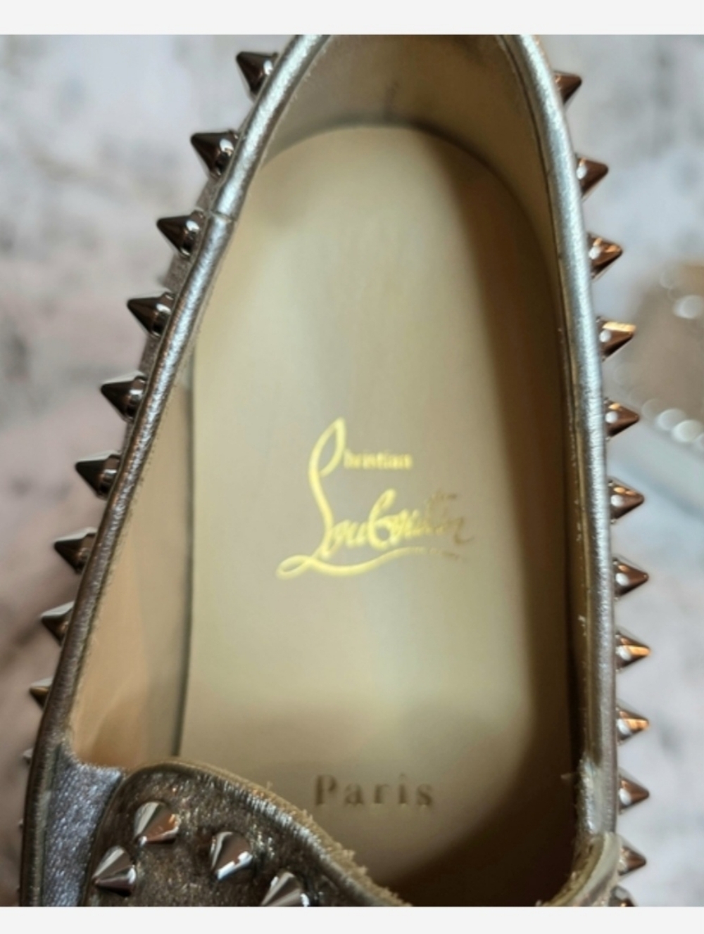 Christian Louboutin Pik Boat slip-on Spiked Leather Sneakers Silver Gold EU 37.5 - Picture 8 of 11
